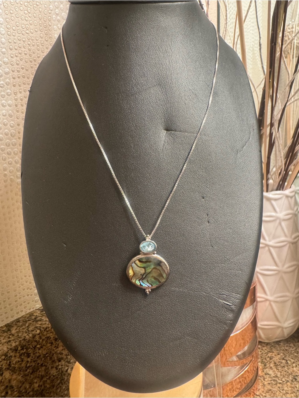 Sterling Abalone Pendant  With Blue Topaz & 925 Sterling Silver chain‎